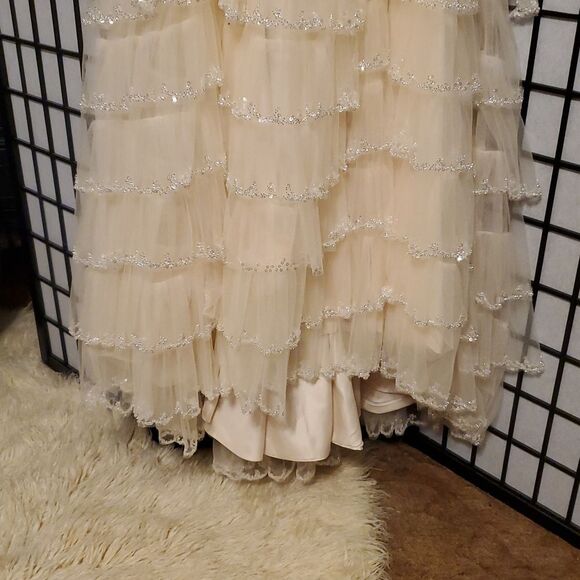 Elegant Strapless Cream A LINE Gown with RUFFLE Sequin Details - Picture 4 of 8